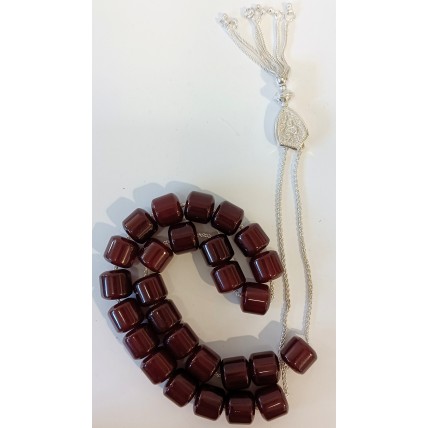 Κομπολόι από ασήμι 925 με χάντρες από κεχριμπάρι φατουράν χρώματος μπορντώ (KOM15)